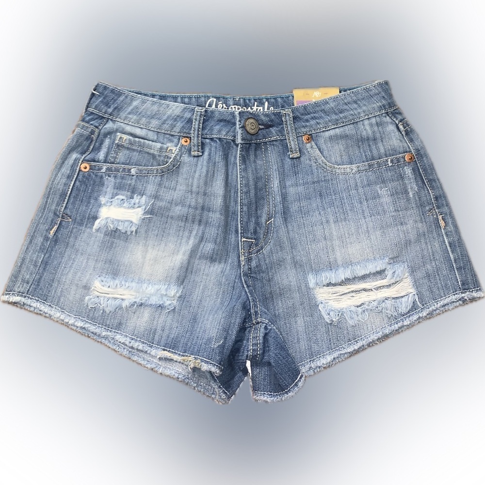 Aeropostale High Rise Shorty Blue Jean Denim Shorts Distressed Cut-Off NWT 0